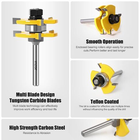 Tongue Groove Router Bits 1/4" Shank 2Pcs, Adjustable 3 Teeth 1-7/8" | 2 piece tongue groove set, 1/4 inch shank, adjustable 3 teeth, 1/2 to 1-1/8 inch stock, cabinet flooring, gap free joints in Kuwait