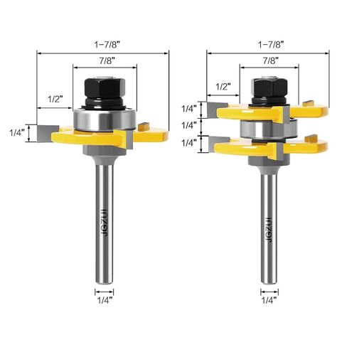 Tongue Groove Router Bits 1/4" Shank 2Pcs, Adjustable 3 Teeth 1-7/8" | 2 piece tongue groove set, 1/4 inch shank, adjustable 3 teeth, 1/2 to 1-1/8 inch stock, cabinet flooring, gap free joints in Kuwait