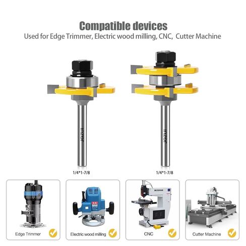 Tongue Groove Router Bits 1/4" Shank 2Pcs, Adjustable 3 Teeth 1-7/8" | 2 piece tongue groove set, 1/4 inch shank, adjustable 3 teeth, 1/2 to 1-1/8 inch stock, cabinet flooring, gap free joints in Kuwait