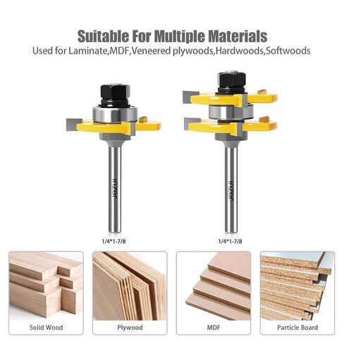 Tongue Groove Router Bits 1/4" Shank 2Pcs, Adjustable 3 Teeth 1-7/8" | 2 piece tongue groove set, 1/4 inch shank, adjustable 3 teeth, 1/2 to 1-1/8 inch stock, cabinet flooring, gap free joints in Kuwait