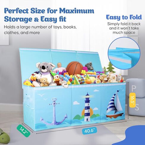 Extra Large Collapsible Sturdy Toy Storage Organizer with Lids, Ocean Theme Toy Box for Boys & Girls, 40"x16"x16", Modern, Blue in Kuwait