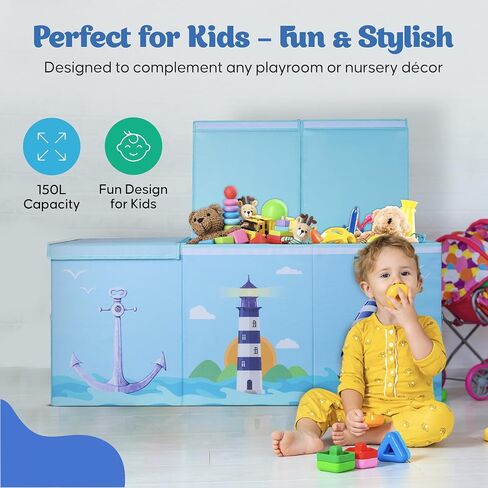 Extra Large Collapsible Sturdy Toy Storage Organizer with Lids, Ocean Theme Toy Box for Boys & Girls, 40"x16"x16", Modern, Blue in Kuwait