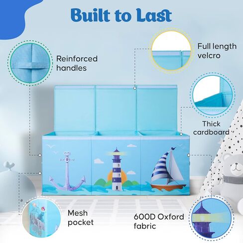 Extra Large Collapsible Sturdy Toy Storage Organizer with Lids, Ocean Theme Toy Box for Boys & Girls, 40"x16"x16", Modern, Blue in Kuwait