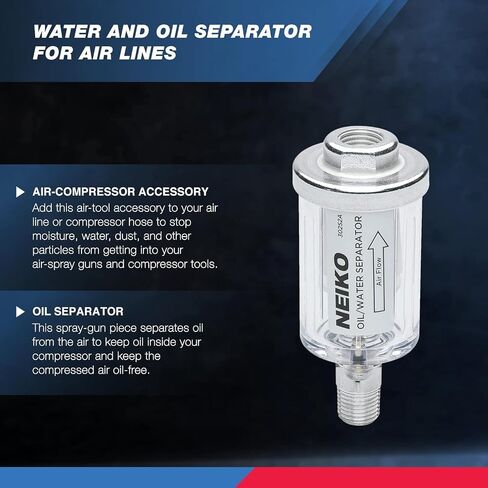 NEIKO 30252A Water and Oil Separator for Air Line | 1/4" NPT Inlet and Outlet | 90 PSI | Air Compressor and Air Tool Accessory | Protect Lifespan of Pneumatic Tools | Water Moisture Filter Dryer in Kuwait