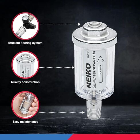 NEIKO 30252A Water and Oil Separator for Air Line | 1/4" NPT Inlet and Outlet | 90 PSI | Air Compressor and Air Tool Accessory | Protect Lifespan of Pneumatic Tools | Water Moisture Filter Dryer in Kuwait