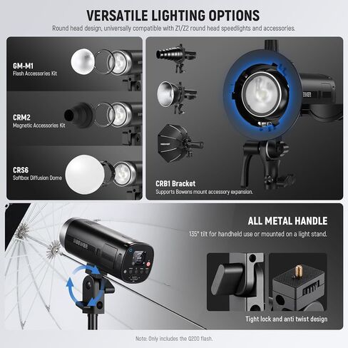 NEEWER Q200 200Ws 2.4G TTL Outdoor Studio Flash Strobe App Control, Compatible with Godox, 1/8000 HSS 3200mAh Battery Photography Monolight 10W Modeling Lamp/750 Full Power Flash/0.01~1.5s Recycle in Saudi Arabia