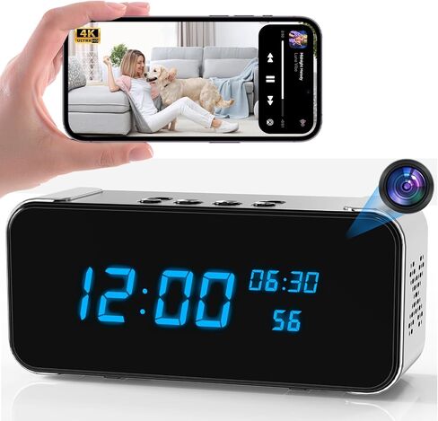 Wireless Security Mini 4K HD Camera with Night Vision and Motion Detection | Nanny Cam with Alarm Clock & Bluetooth Speaker, APP Remote Control, Real-time Monitor for Home/Office, Support 2.4G&5G WiFi in Kuwait