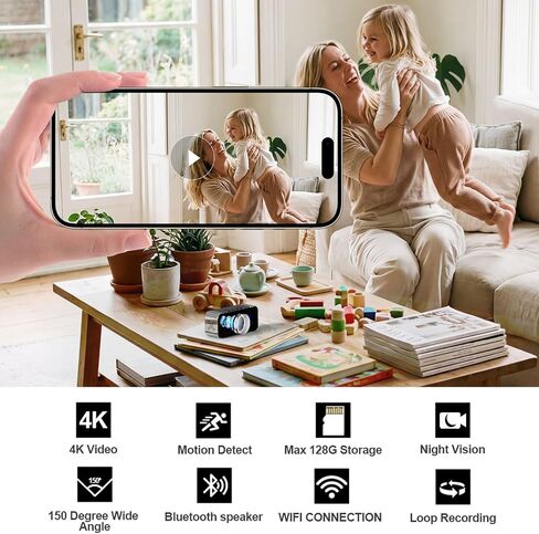 Wireless Security Mini 4K HD Camera with Night Vision and Motion Detection | Nanny Cam with Alarm Clock & Bluetooth Speaker, APP Remote Control, Real-time Monitor for Home/Office, Support 2.4G&5G WiFi in Kuwait