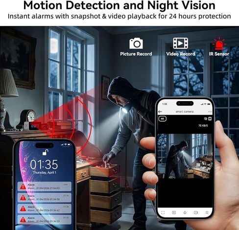 Wireless Security Mini 4K HD Camera with Night Vision and Motion Detection | Nanny Cam with Alarm Clock & Bluetooth Speaker, APP Remote Control, Real-time Monitor for Home/Office, Support 2.4G&5G WiFi in Kuwait