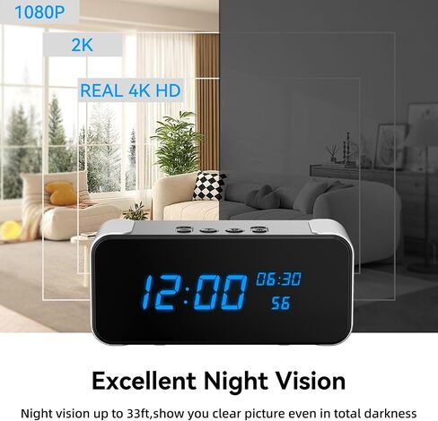 Wireless Security Mini 4K HD Camera with Night Vision and Motion Detection | Nanny Cam with Alarm Clock & Bluetooth Speaker, APP Remote Control, Real-time Monitor for Home/Office, Support 2.4G&5G WiFi in Kuwait