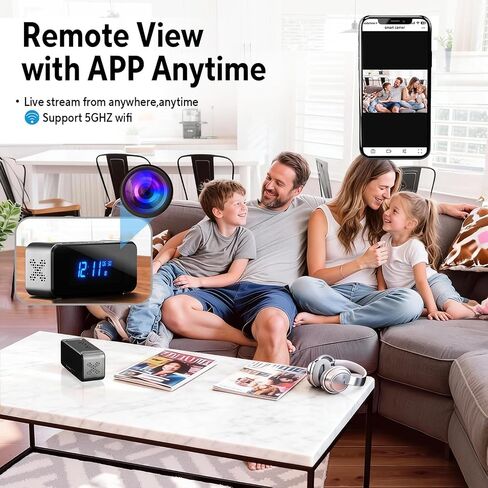 Wireless Security Mini 4K HD Camera with Night Vision and Motion Detection | Nanny Cam with Alarm Clock & Bluetooth Speaker, APP Remote Control, Real-time Monitor for Home/Office, Support 2.4G&5G WiFi in Kuwait