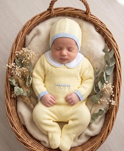 Knit Newborn Boy Yellow Blue Cloth Set, Coming Home Infant Knit Outfit 3 pieces in Kuwait