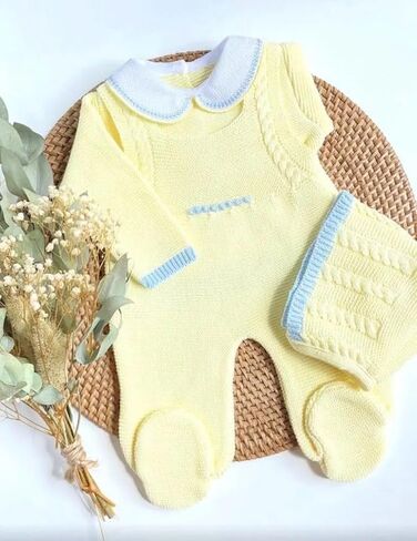 Knit Newborn Boy Yellow Blue Cloth Set, Coming Home Infant Knit Outfit 3 pieces in Kuwait