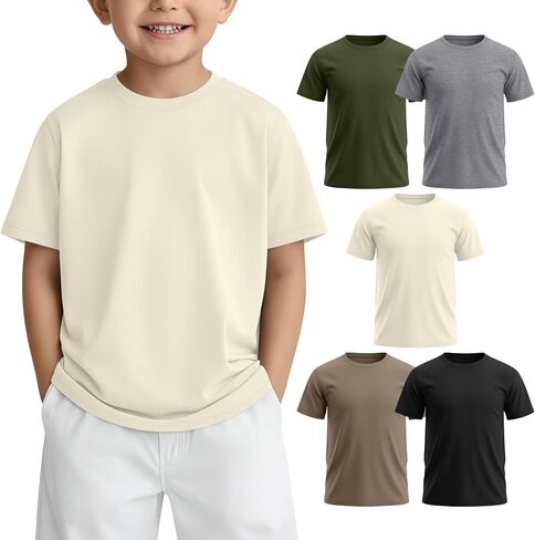 5 Pcs Toddler Boys Short Sleeve Shirts | Kids Tees, Summer, Casual, Loose Fit, Crewneck, Basic, Soft Breathable, School Outfit, Pullover, Ages 18M-5T, Solid Color in Kuwait