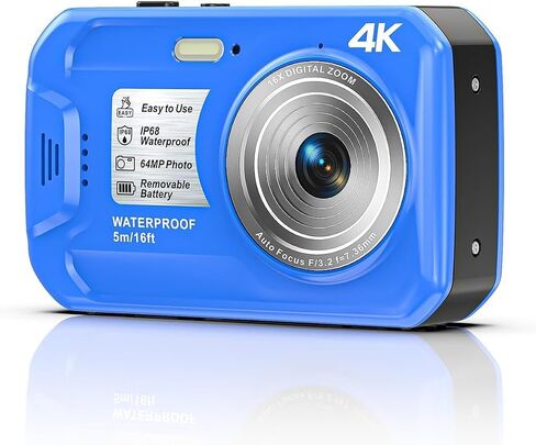 64MP 4K Underwater Digital Camera, 16FT Waterproof Compact Camera with Autofocus, 16X Zoom HD IPS Display & Fill Light, Includes 32GB Memory Card in Kuwait