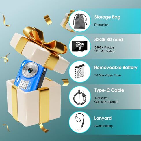 64MP 4K Underwater Digital Camera, 16FT Waterproof Compact Camera with Autofocus, 16X Zoom HD IPS Display & Fill Light, Includes 32GB Memory Card in Kuwait