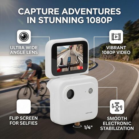Diyeeni Multi-Functional Flip Screen Action Camera, 4K HD 143° Wide Angle Anti Shake Sports Camera, 800mAh Battery Flip Screen Thumb Action Camera with 360° Panorama for Cycling Selfie Outdoor in Kuwait
