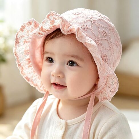 Vintage Lace Baby Bonnet with Floral Embroidery Pink in Kuwait