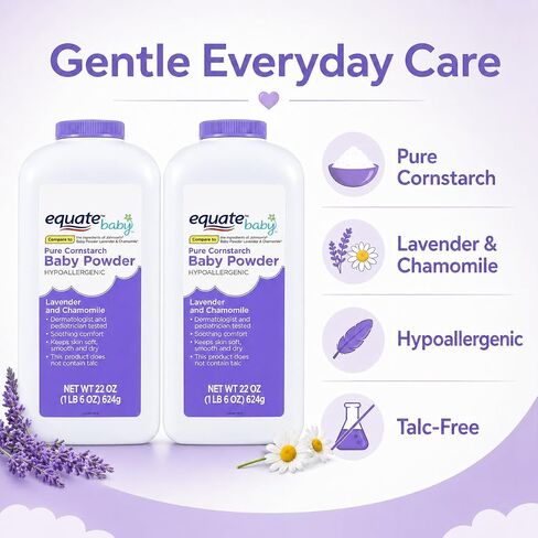 Pure Corn Starch Baby Powder Equate. Hypoallergenic Vitamin E Lavender -Talc-Free(Pack 2, 22 Oz.) in Kuwait