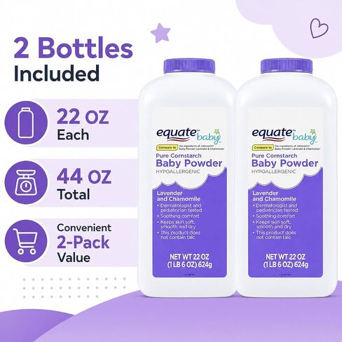 Pure Corn Starch Baby Powder Equate. Hypoallergenic Vitamin E Lavender -Talc-Free(Pack 2, 22 Oz.) in Kuwait