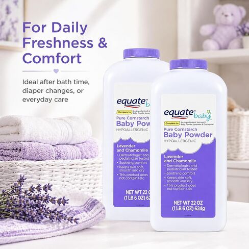 Pure Corn Starch Baby Powder Equate. Hypoallergenic Vitamin E Lavender -Talc-Free(Pack 2, 22 Oz.) in Kuwait