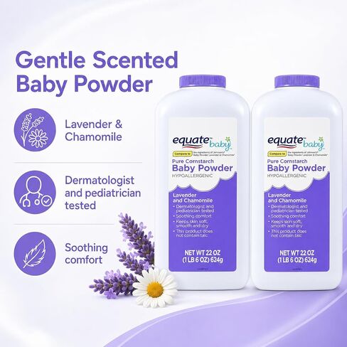 Pure Corn Starch Baby Powder Equate. Hypoallergenic Vitamin E Lavender -Talc-Free(Pack 2, 22 Oz.) in Kuwait