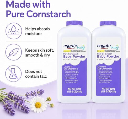 Pure Corn Starch Baby Powder Equate. Hypoallergenic Vitamin E Lavender -Talc-Free(Pack 2, 22 Oz.) in Kuwait