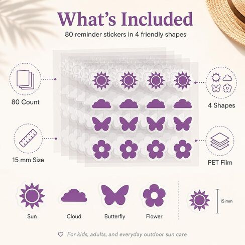 80 Count Sunscreen Reapply Reminder Stickers, Color-Changing Visual Cue for Outdoor Sunscreen, Purple Sun, Cloud, Butterfly & Flower Shapes for Kids & Adults, Summer Beach Park Travel Use in Kuwait