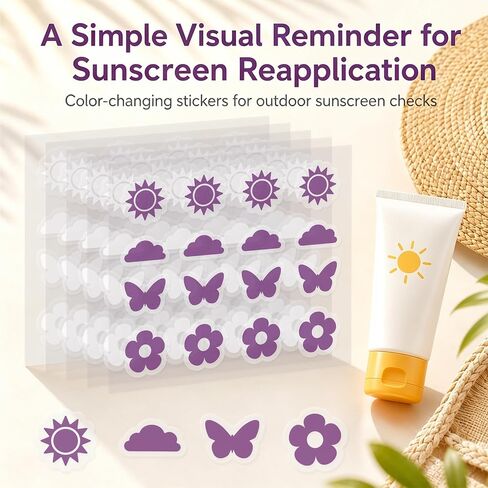 80 Count Sunscreen Reapply Reminder Stickers, Color-Changing Visual Cue for Outdoor Sunscreen, Purple Sun, Cloud, Butterfly & Flower Shapes for Kids & Adults, Summer Beach Park Travel Use in Kuwait