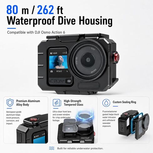 Aluminum OSMO Action 6 Dive Case, Underwater Waterproof 263FT/80M | Protective Housing Shell for DJI OSMO Action 6 Camera with Bracket Accessories in Kuwait