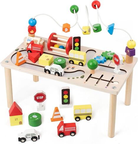 Activity Table for 1+ Year Old, Montessori Wooden Toys for Toddlers 1-3 | 8 in 1 Baby Activity Table, Educational Sensory Bead Maze Toys for Babies, Learning Shape Sorter, Birthday Gifts Girls Boys in Kuwait