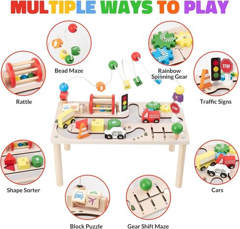 Activity Table for 1+ Year Old, Montessori Wooden Toys for Toddlers 1-3 | 8 in 1 Baby Activity Table, Educational Sensory Bead Maze Toys for Babies, Learning Shape Sorter, Birthday Gifts Girls Boys in Kuwait