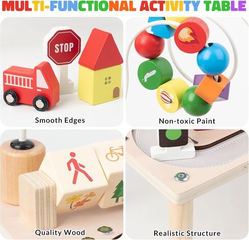 Activity Table for 1+ Year Old, Montessori Wooden Toys for Toddlers 1-3 | 8 in 1 Baby Activity Table, Educational Sensory Bead Maze Toys for Babies, Learning Shape Sorter, Birthday Gifts Girls Boys in Kuwait
