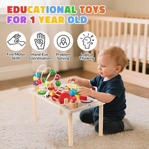 Activity Table for 1+ Year Old, Montessori Wooden Toys for Toddlers 1-3 | 8 in 1 Baby Activity Table, Educational Sensory Bead Maze Toys for Babies, Learning Shape Sorter, Birthday Gifts Girls Boys in Kuwait