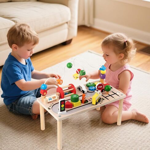 Activity Table for 1+ Year Old, Montessori Wooden Toys for Toddlers 1-3 | 8 in 1 Baby Activity Table, Educational Sensory Bead Maze Toys for Babies, Learning Shape Sorter, Birthday Gifts Girls Boys in Kuwait