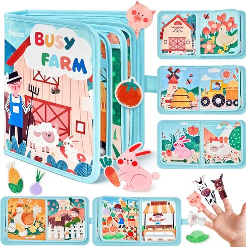 JoyCat Farm Busy Book for Toddlers 1-3, 21-in-1 Montessori Travel Quiet Toy | 21-in-1 farm busy book with Montessori activities supports fine motor skills, life skills and quiet travel play in Kuwait