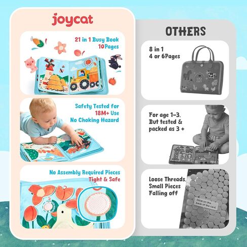 JoyCat Farm Busy Book for Toddlers 1-3, 21-in-1 Montessori Travel Quiet Toy | 21-in-1 farm busy book with Montessori activities supports fine motor skills, life skills and quiet travel play in Kuwait