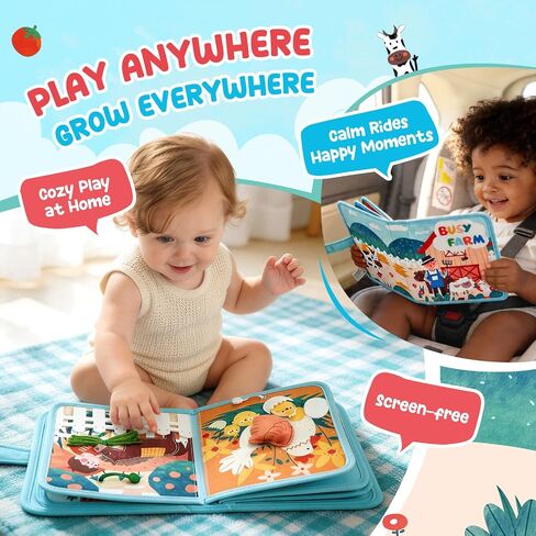 JoyCat Farm Busy Book for Toddlers 1-3, 21-in-1 Montessori Travel Quiet Toy | 21-in-1 farm busy book with Montessori activities supports fine motor skills, life skills and quiet travel play in Kuwait