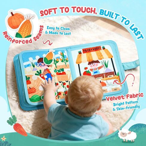 JoyCat Farm Busy Book for Toddlers 1-3, 21-in-1 Montessori Travel Quiet Toy | 21-in-1 farm busy book with Montessori activities supports fine motor skills, life skills and quiet travel play in Kuwait