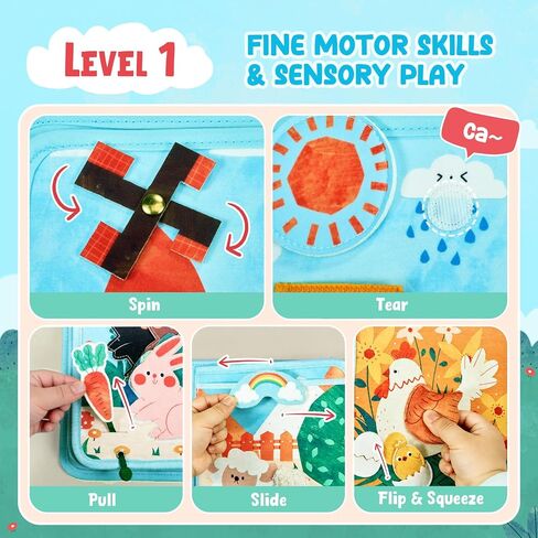 JoyCat Farm Busy Book for Toddlers 1-3, 21-in-1 Montessori Travel Quiet Toy | 21-in-1 farm busy book with Montessori activities supports fine motor skills, life skills and quiet travel play in Kuwait