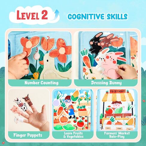 JoyCat Farm Busy Book for Toddlers 1-3, 21-in-1 Montessori Travel Quiet Toy | 21-in-1 farm busy book with Montessori activities supports fine motor skills, life skills and quiet travel play in Kuwait