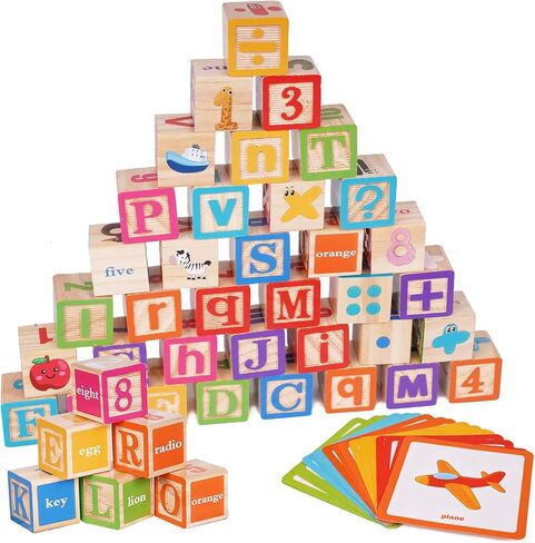 ABC Wooden Building Blocks for Toddlers, Montessori Alphabet & Number Learning Toy for Kid, 36 PCS Preschool Stacking Blocks with Matching Cards for Spelling, Counting, Sorting, Fine Motor Skills in Kuwait