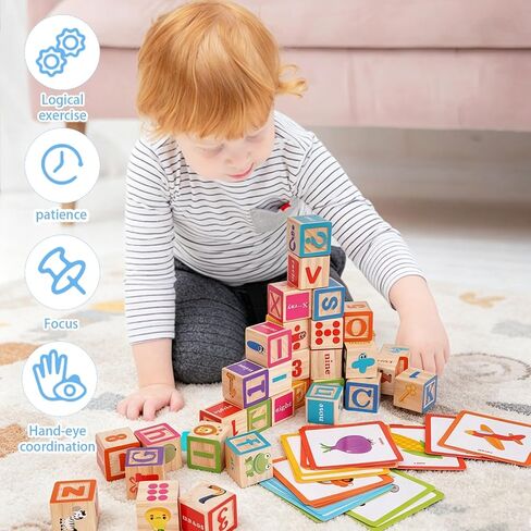ABC Wooden Building Blocks for Toddlers, Montessori Alphabet & Number Learning Toy for Kid, 36 PCS Preschool Stacking Blocks with Matching Cards for Spelling, Counting, Sorting, Fine Motor Skills in Kuwait