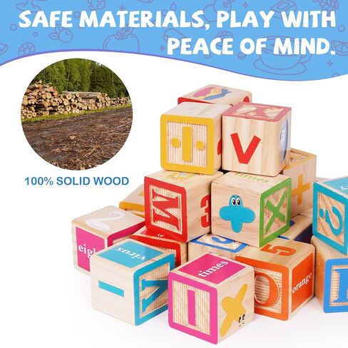 ABC Wooden Building Blocks for Toddlers, Montessori Alphabet & Number Learning Toy for Kid, 36 PCS Preschool Stacking Blocks with Matching Cards for Spelling, Counting, Sorting, Fine Motor Skills in Kuwait