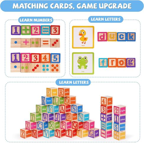 ABC Wooden Building Blocks for Toddlers, Montessori Alphabet & Number Learning Toy for Kid, 36 PCS Preschool Stacking Blocks with Matching Cards for Spelling, Counting, Sorting, Fine Motor Skills in Kuwait