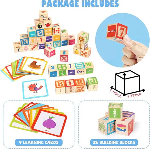 ABC Wooden Building Blocks for Toddlers, Montessori Alphabet & Number Learning Toy for Kid, 36 PCS Preschool Stacking Blocks with Matching Cards for Spelling, Counting, Sorting, Fine Motor Skills in Kuwait