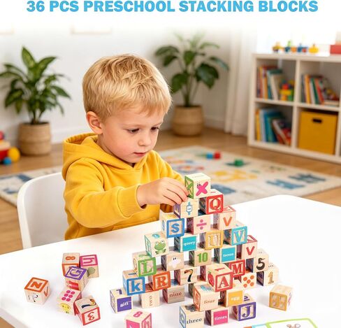 ABC Wooden Building Blocks for Toddlers, Montessori Alphabet & Number Learning Toy for Kid, 36 PCS Preschool Stacking Blocks with Matching Cards for Spelling, Counting, Sorting, Fine Motor Skills in Kuwait