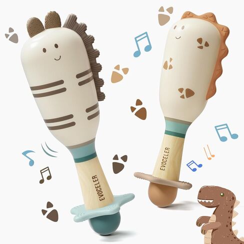 Baby Rattles 2PCS, Teething Toys, Dinosaur Maracas, Newborn Sensory Gift | Food-Grade Silicone BPA-Free Teether with Soft Texture Supports Chewing, Grasping Skills, Sensory Play & Baby Shower Gift in Kuwait