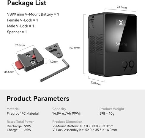 SMALLRIG V Mount Battery VB99, 99Wh / 6800mAh V Mount Battery with 100W Output, 2H Full Charge, with Mini V Mount Plate, Quick Release Set with 1/4"-20 Threaded Holes in Kuwait