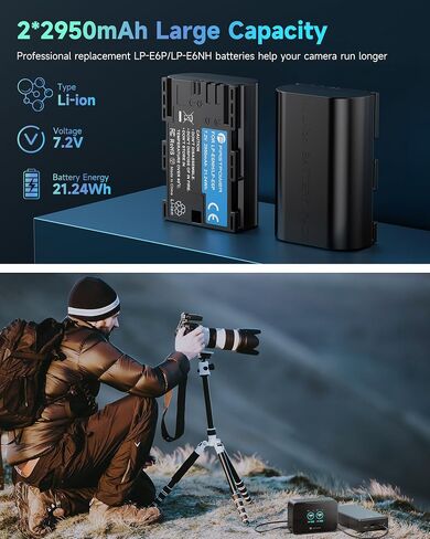 FirstPower LP-E6P Battery and 20W Dual Fast Charger for Canon Cameras | 2950mAh High Capacity, 2.5h Quick Full Charge, Compatible with Canon R6 Mark II/III, R5 Mark II, C50 R6V R5 R6 R7 5D 6D 7D II in Kuwait